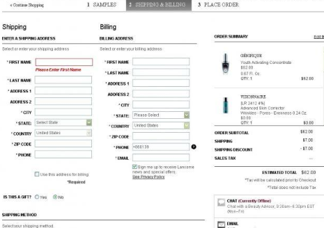 Lancome兰蔻美国官网填写地址信息